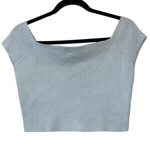 Emory Park Robin Egg Blue Ribbed Cropped Capped Shoulder Sweater